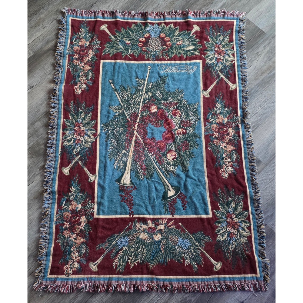 Williamsburg Goodwin Weavers Woven Tapestry Throw Blanket Trumpet Wreath USA